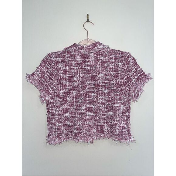 NWT Zara Pink Fringe Textured Tweed Knit Short Sleeve Cardigan S - Picture 3 of 3
